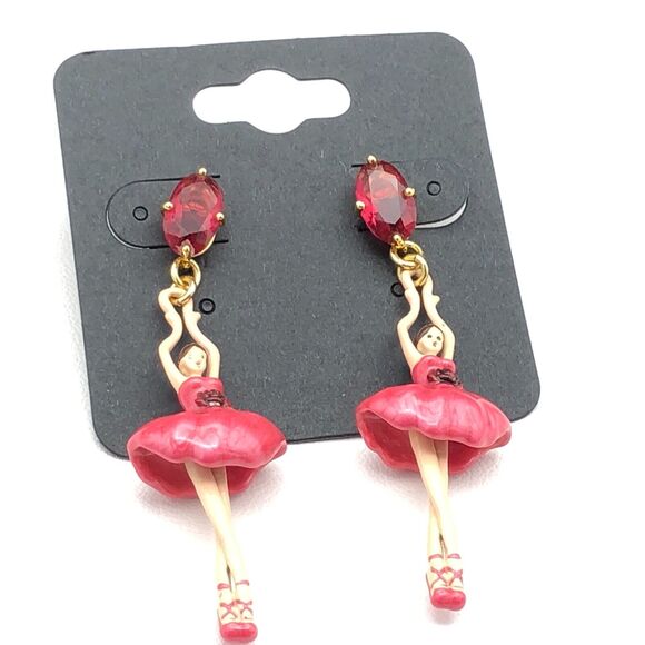 Les Néréides Earrings Ballerina Pas de Deux Rose Bud Pink Hand-Painted Stud Drop - Picture 2 of 5